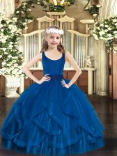 Dramatic Tulle Scoop Sleeveless Zipper Beading and Ruffles Little Girls Pageant Gowns in Royal Blue