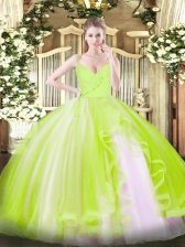 Custom Made Yellow Green Ball Gowns Tulle Spaghetti Straps Sleeveless Ruffles Floor Length Zipper Quince Ball Gowns
