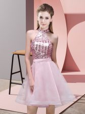 Fashion Pink Halter Top Backless Sequins Vestidos de Damas Sleeveless