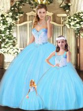 Edgy Floor Length Lace Up Quinceanera Dress Aqua Blue for Military Ball and Sweet 16 and Quinceanera with Beading