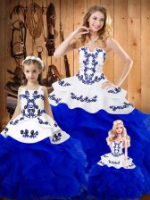  Tulle Strapless Sleeveless Lace Up Embroidery and Ruffles Sweet 16 Dresses in Royal Blue