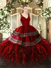  Floor Length Backless Quinceanera Gowns Wine Red for Military Ball and Sweet 16 and Quinceanera with Beading and Lace and Ruffles