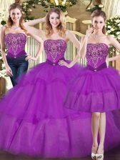 Chic Eggplant Purple Tulle Lace Up Ball Gown Prom Dress Sleeveless Floor Length Beading and Ruffled Layers