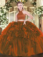 Trendy Brown Halter Top Backless Beading and Ruffles Quince Ball Gowns Sleeveless