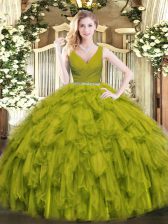 Sweet Floor Length Olive Green Quinceanera Dress Tulle Sleeveless Beading and Ruffles