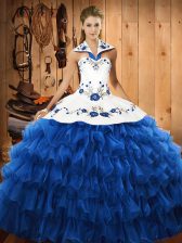 Fabulous Blue Organza Lace Up Halter Top Sleeveless Floor Length Quinceanera Dress Embroidery and Ruffled Layers