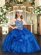  Blue Organza Lace Up Little Girl Pageant Gowns Sleeveless Floor Length Beading and Ruffles