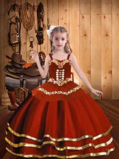  Rust Red Pageant Dresses Party and Sweet 16 and Quinceanera and Wedding Party with Embroidery and Ruffles Straps Sleeveless Lace Up