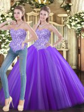  Sleeveless Floor Length Beading Lace Up Quinceanera Gowns with Eggplant Purple