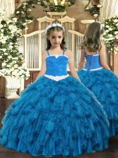 Exquisite Blue Lace Up Straps Appliques and Ruffles Little Girls Pageant Dress Wholesale Organza Sleeveless