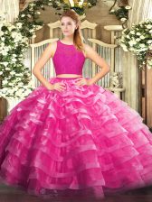 Modest Organza Scoop Sleeveless Zipper Lace and Ruffled Layers Ball Gown Prom Dress in Fuchsia