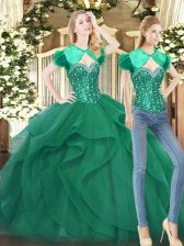 Fancy Dark Green Ball Gowns Tulle Sweetheart Sleeveless Beading and Ruffles Floor Length Lace Up Quince Ball Gowns