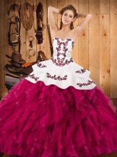  Sleeveless Satin and Organza Floor Length Lace Up Sweet 16 Quinceanera Dress in Fuchsia with Embroidery and Ruffles