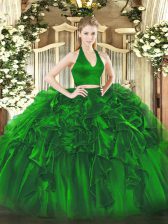  Halter Top Sleeveless 15th Birthday Dress Floor Length Ruffles Green Organza
