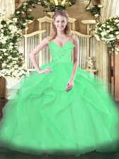  Floor Length Green Sweet 16 Dress Tulle Sleeveless Ruffles and Ruching