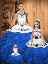 Edgy Blue Tulle Lace Up Halter Top Sleeveless Floor Length Quinceanera Gown Embroidery and Ruffles