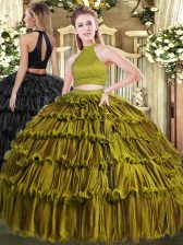 Trendy Olive Green Ball Gowns Beading and Ruffled Layers Sweet 16 Dresses Backless Organza Sleeveless Floor Length