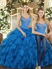 Spectacular Sleeveless Floor Length Beading and Ruffles Lace Up 15th Birthday Dress with Teal 