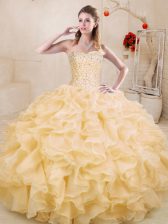 Pretty Gold Sweetheart Lace Up Beading and Ruffles Sweet 16 Quinceanera Dress Sleeveless