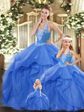  Blue Ball Gowns Straps Sleeveless Tulle Floor Length Lace Up Beading and Ruffles Sweet 16 Quinceanera Dress
