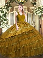 Admirable Brown V-neck Zipper Embroidery and Ruffled Layers Ball Gown Prom Dress Sleeveless