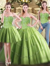 Modest Tulle Sweetheart Sleeveless Lace Up Beading Quinceanera Dress in Olive Green