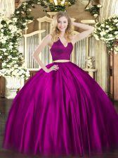  Two Pieces Quinceanera Dress Fuchsia Halter Top Satin Sleeveless Floor Length Zipper