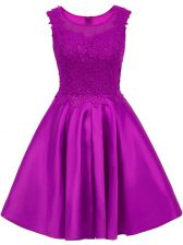 Fantastic Eggplant Purple Satin Zipper Scoop Sleeveless Mini Length Dama Dress Lace