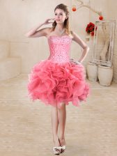  Beading and Ruffles Prom Dress Watermelon Red Lace Up Sleeveless Mini Length
