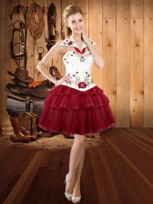 Classical Sleeveless Organza Mini Length Lace Up Prom Evening Gown in Burgundy with Embroidery and Ruffled Layers