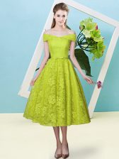  Cap Sleeves Lace Up Tea Length Bowknot Quinceanera Dama Dress