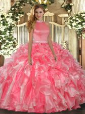 Hot Pink Organza Backless Halter Top Sleeveless Floor Length Quince Ball Gowns Beading and Ruffles