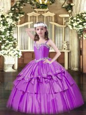 Dazzling Lilac Straps Lace Up Beading and Ruffled Layers Little Girls Pageant Dress Sleeveless