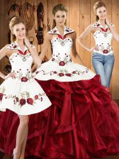  Halter Top Sleeveless Lace Up Vestidos de Quinceanera Wine Red Organza