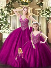 Pretty Sleeveless Organza Floor Length Lace Up Sweet 16 Dresses in Fuchsia with Beading