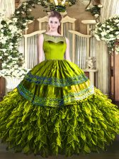 Fancy Floor Length Olive Green Quinceanera Gowns Organza and Taffeta Sleeveless Beading and Ruffles