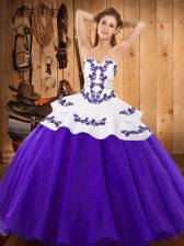 Flare Purple Ball Gowns Satin and Organza Strapless Sleeveless Embroidery Floor Length Lace Up Sweet 16 Dresses