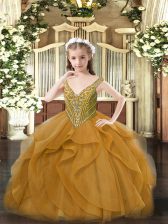  Brown Ball Gowns Beading and Ruffles Little Girls Pageant Dress Lace Up Tulle Sleeveless Floor Length