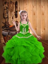 Enchanting Green Lace Up Straps Embroidery and Ruffles Evening Gowns Organza Sleeveless