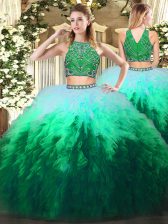 Latest High-neck Sleeveless Tulle Quinceanera Dresses Beading and Ruffles Zipper