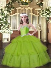 Latest Ball Gowns Little Girls Pageant Gowns Olive Green Straps Organza Sleeveless Floor Length Lace Up