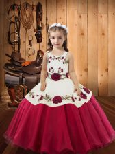 Lovely Red Ball Gowns Straps Sleeveless Organza Floor Length Lace Up Embroidery Child Pageant Dress