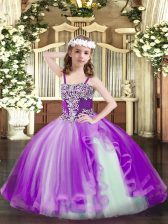  Sleeveless Tulle Floor Length Lace Up Kids Pageant Dress in Purple with Appliques