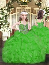 Stunning Green Lace Up Glitz Pageant Dress Beading and Ruffles Sleeveless Floor Length