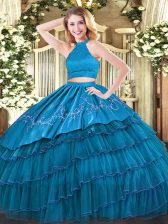  Teal Halter Top Backless Beading and Embroidery and Ruffled Layers Sweet 16 Dresses Sleeveless