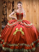  Floor Length Rust Red 15 Quinceanera Dress Off The Shoulder Sleeveless Lace Up