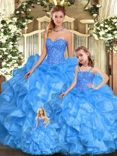  Floor Length Baby Blue Quinceanera Dresses Organza Sleeveless Beading and Ruffles