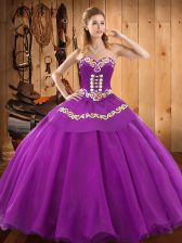 Hot Selling Purple Satin and Tulle Lace Up Sweetheart Sleeveless Floor Length Quinceanera Dresses Embroidery