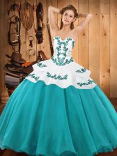 Pretty Teal Ball Gowns Satin and Organza Strapless Sleeveless Embroidery Floor Length Lace Up Vestidos de Quinceanera