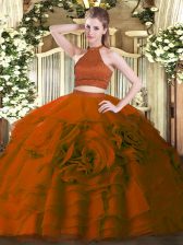  Halter Top Sleeveless 15 Quinceanera Dress Floor Length Beading and Ruffles Rust Red Tulle
